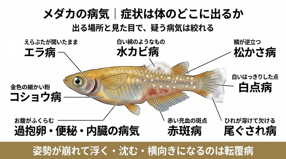 メダカの病気の症状マップ。白い点は白点病、綿のようなものは水カビ病など、体のどこに出るかで疑う病気を絞る図解